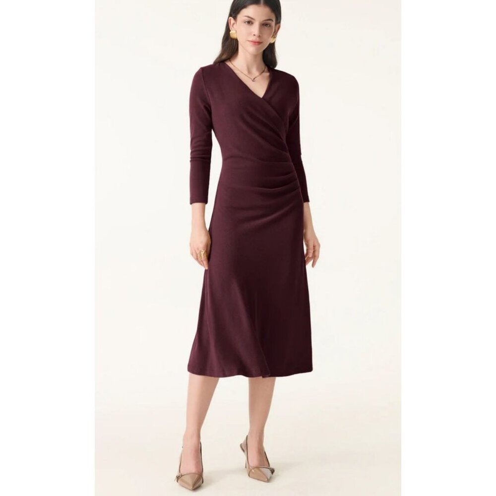 OGL Slimming Surplice 3/4 Sleeve Midi Dress Women's Size Large in Ruby NWT!